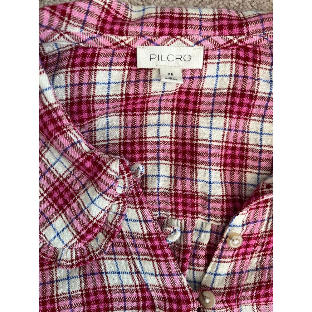Anthropology Pilcro Keira Plaid Ruffle Peter Pan Collar Blouse Pink Red Size XS - Picture 4 of 6